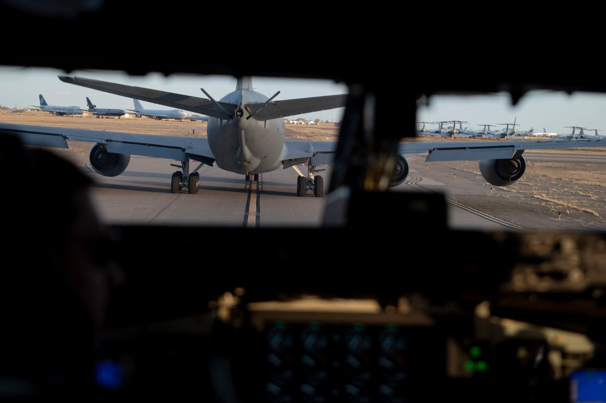 A U.S. Air Force KC-135 Stratotanker assigned to the 92nd Air Refueling Wing at Fairchild Air Force Base, Washington, taxis on the flightline prior to performing tactical approaches and departures at Roswell Air Center in Roswell, New Mexico, March 17, 2023. 509th Weapon Squadron (WPS) students executed their first temporary duty assignment March 13-17 in Roswell, New Mexico, where five KC-135 pilots and three in-flight refueling specialists attending the WPS Weapons Instructor Course and Advanced Instructor Course were tested on threats and tactics. (U.S. Air Force photo by 2nd Lt. Ariana Wilkinson)