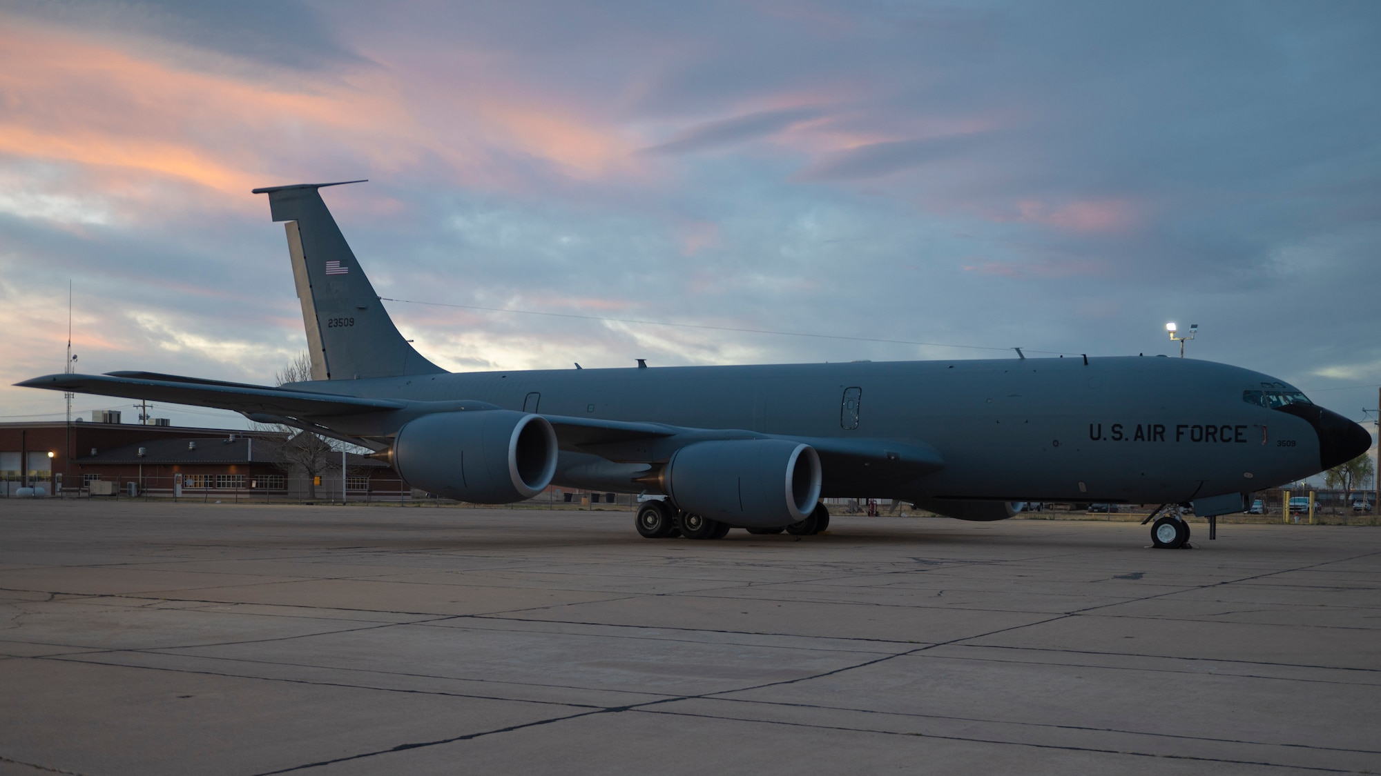 A U.S. Air Force KC-135 Stratotanker assigned to the 92nd Air Refueling Wing at Fairchild Air Force Base, Washington, is parked on the flightline at the Roswell Air Center in Roswell, New Mexico, March 14, 2023. The KC-135 Stratotanker remains a vital part of the tanker fleet while extending the reach of fighters, bombers and other aircraft through aerial refueling. (U.S. Air Force photo by 2nd Lt. Ariana Wilkinson)