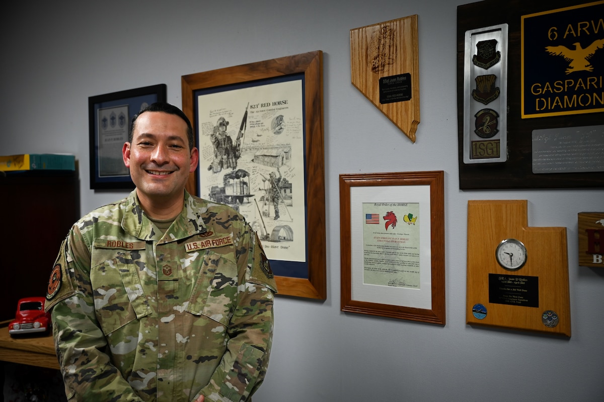 U.S. Air Force Master Sgt. Juan Pablo Robles, 354th Operations Group first sergeant, poses for a photo at Eielson Air Force Base, Alaska, February 13, 2023.