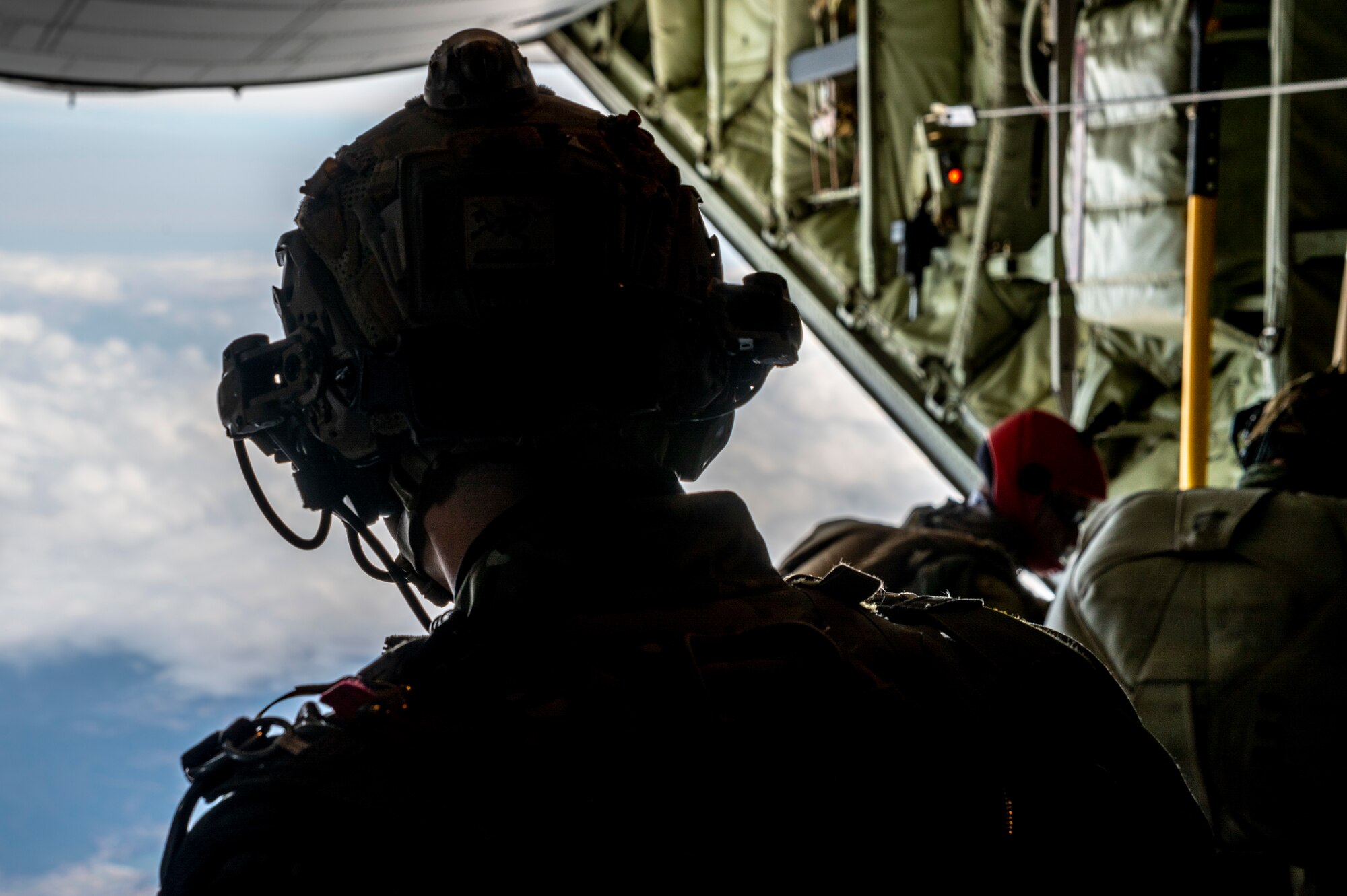 A Republic of Korea Soldier prepares to jump from a MC-130J Commando II during High Altitude Low Opening (HALO) jump training in support of Freedom Shield 23 at Kunsan Air Base, Republic of Korea, Mar. 15, 2023.