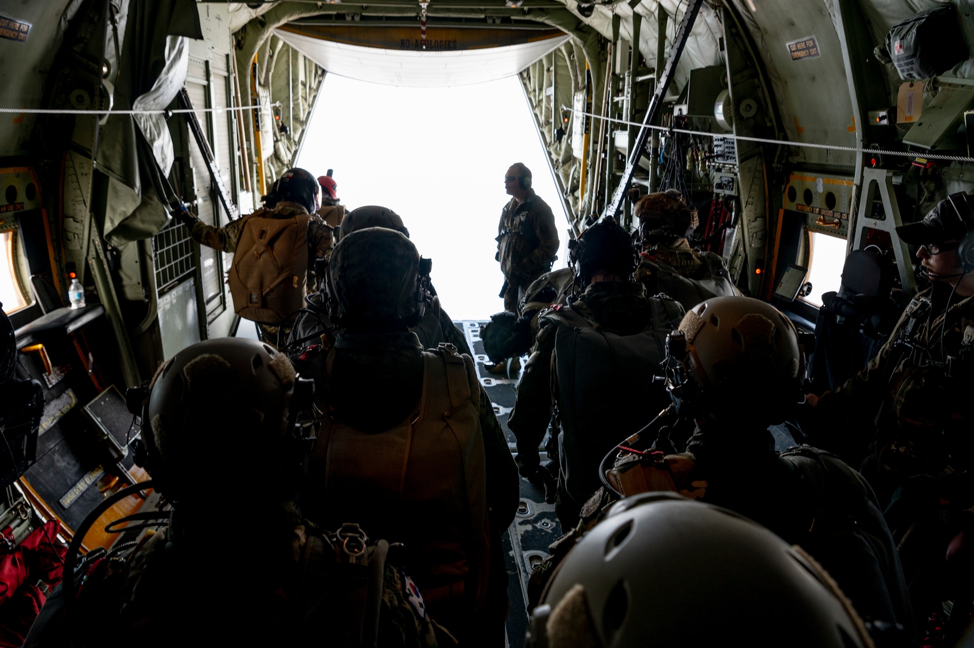 U.S. Army and Republic of Korea Soldiers prepare to jump from a MC-130J Commando II during High Altitude Low Opening (HALO) jump training in support of Freedom Shield 23 at Kunsan Air Base, Republic of Korea, Mar. 15, 2023.