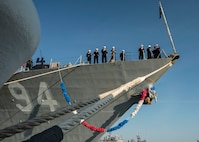 The guided-missile destroyer USS Nitze (DDG 94) is moored at Naval Station Norfolk after a scheduled deployment April 5, 2023.