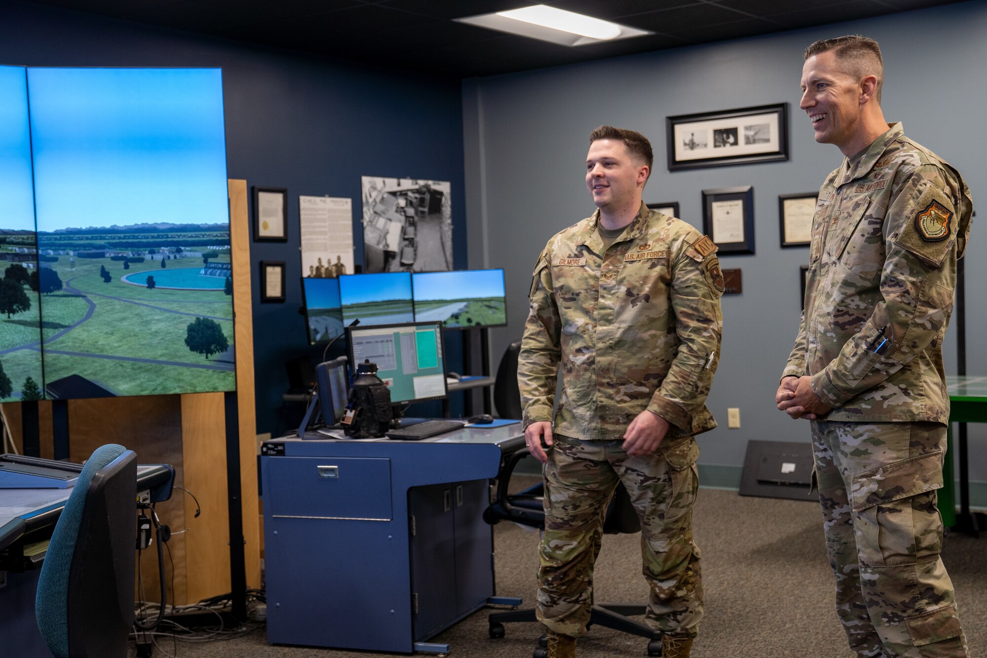 U.S. Air Force Staff Sgt. Seth Gilmore, 334th Training Squadron instructor, briefs 81st Training Wing leadership during the 81st Training Group Immersion Tour at Cody Hall on Keesler Air Force Base, Mississippi, April 4, 2023.