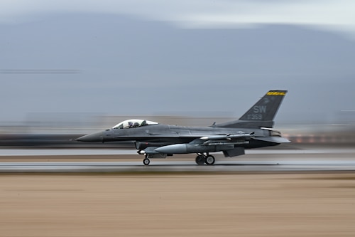 A U.S. Air Force F-16C Fighting Falcon assigned to the 79th Fighter Squadron at Shaw Air Force Base, S.C., takes off from the flightline during exercise Red Flag-Nellis (RF-N) 23-2 at Nellis Air Force Base, Nevada, March 14, 2023. RF-N 23-2 provides a challenging and dynamic environment for the 20th Fighter Wing pilots and aircrew by bringing air forces and airframes from around the world together multiple times a year to integrate as a team during simulated wartime operations, ensuring seamless interoperability for potential future conflicts. (U.S. Air Force photo by Staff Sgt. Madeline Herzog)