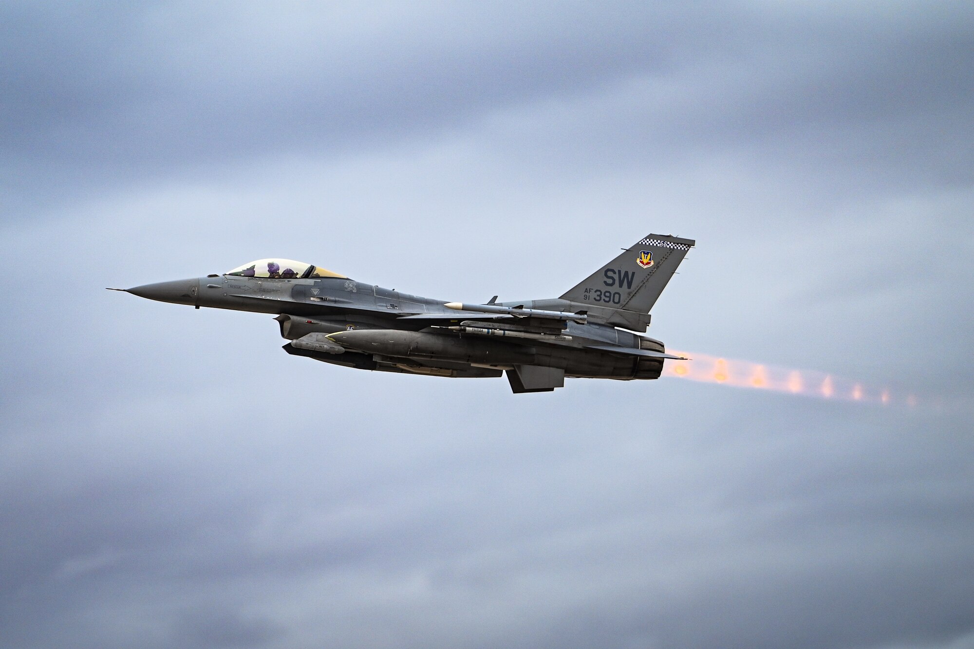 A U.S. Air Force F-16C Fighting Falcon assigned to the 55th Fighter Squadron at Shaw Air Force Base, S.C., takes off from the flightline during exercise Red Flag-Nellis (RF-N) 23-2 at Nellis Air Force Base, Nevada, March 14, 2023. Through dedicated training opportunities like RF-N 23-2, Wild Weasels ensure combat readiness and the tactical proficiency needed to maintain a ready force capable of ensuring the collective defense of the United States, their partners and allies. (U.S. Air Force photo by Staff Sgt. Madeline Herzog)