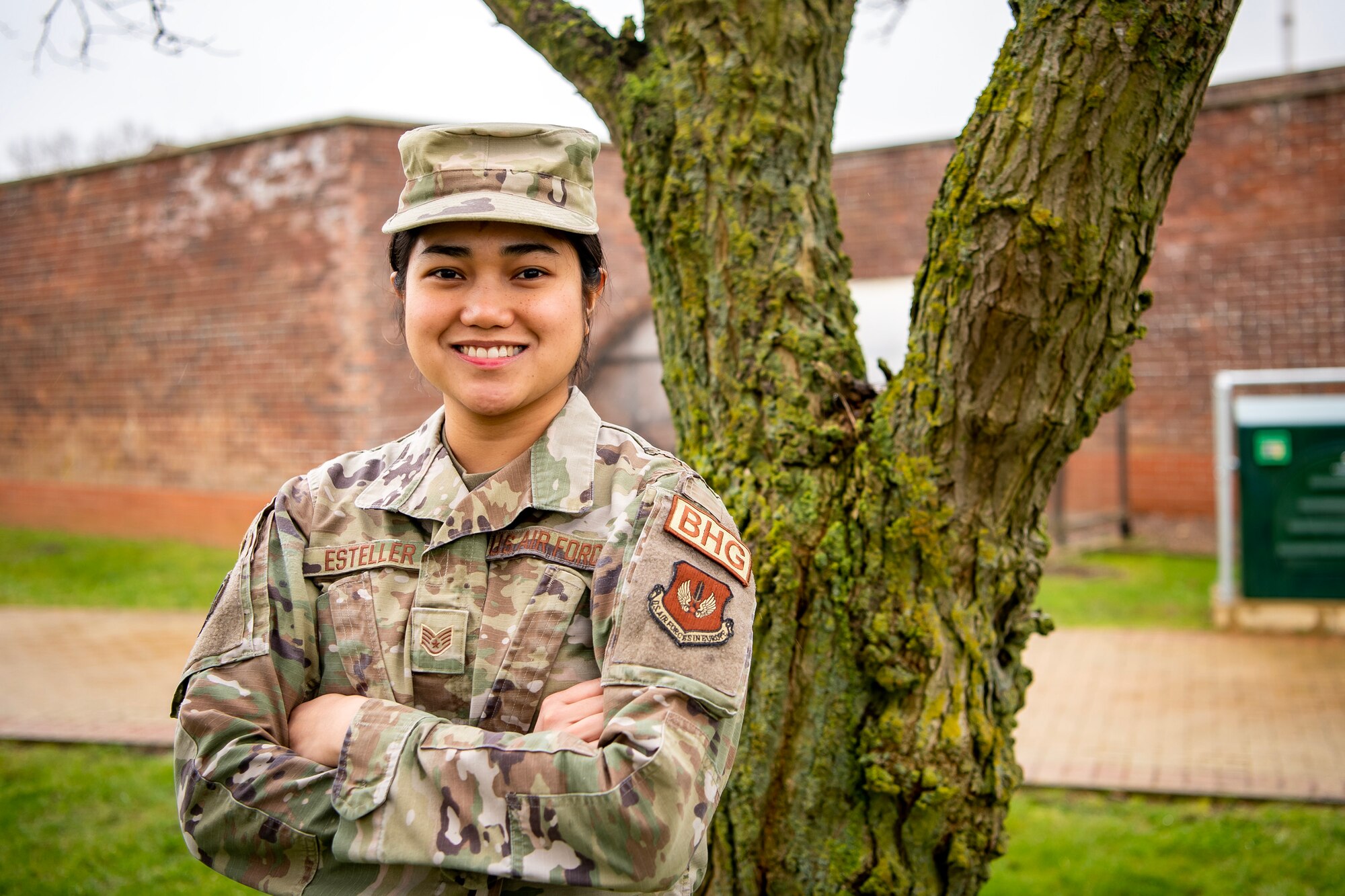 U.S. Air Force Staff Sgt. Bloom Marie Esteller, 423d Air Base Group NCO in Charge Honor Guard, poses for a photo at RAF Alconbury, England, March 7, 2023. This photo is part of a project to highlight female Airmen from across the wing in honor of Women's History Month. (U.S. Air Force phot by Staff Sgt. Eugene Oliver)