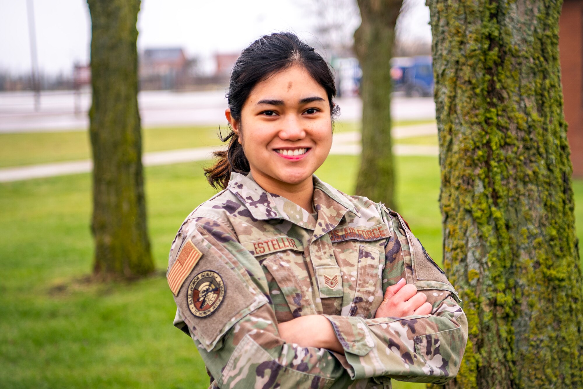 U.S. Air Force Staff Sgt. Bloom Marie Esteller, 423d Air Base Group NCO in Charge Honor Guard, poses for a photo at RAF Alconbury, England, March 7, 2023. This photo is part of a project to highlight female Airmen from across the wing in honor of Women's History Month. (U.S. Air Force phot by Staff Sgt. Eugene Oliver)