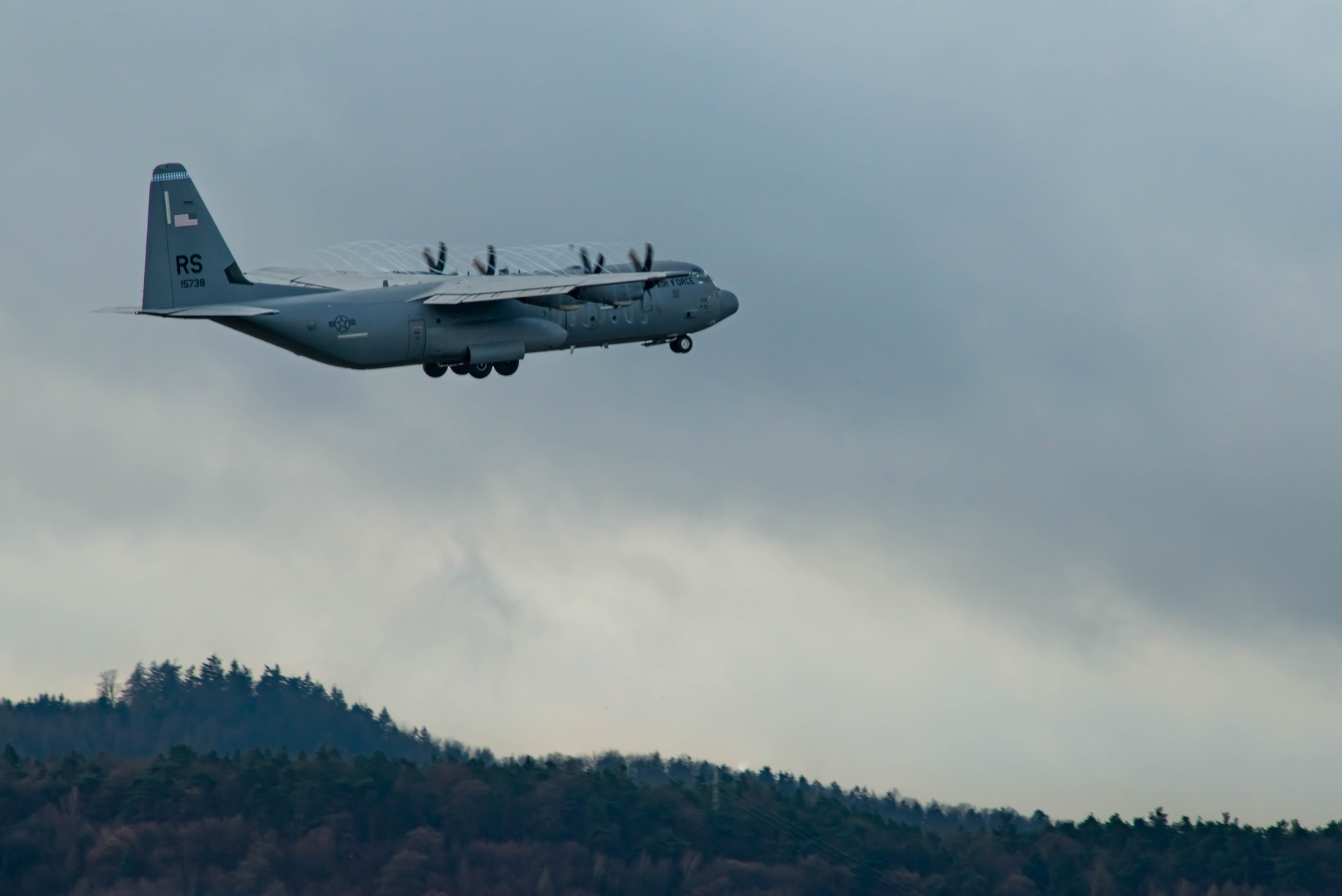 A U.S. Air Force C-130J Super Hercules takes off from Ramstein Air Base, Germany,  March 30, 2023.