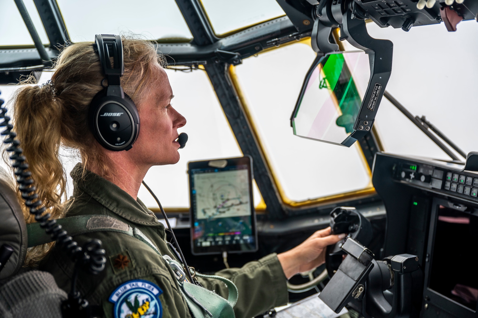 U.S. Air Force Maj. Sandra Salzman, 37th Airlift Squadron C-130J Super Hercules pilot-physician, flies a C-130J aircraft over Germany, March 31, 2023.