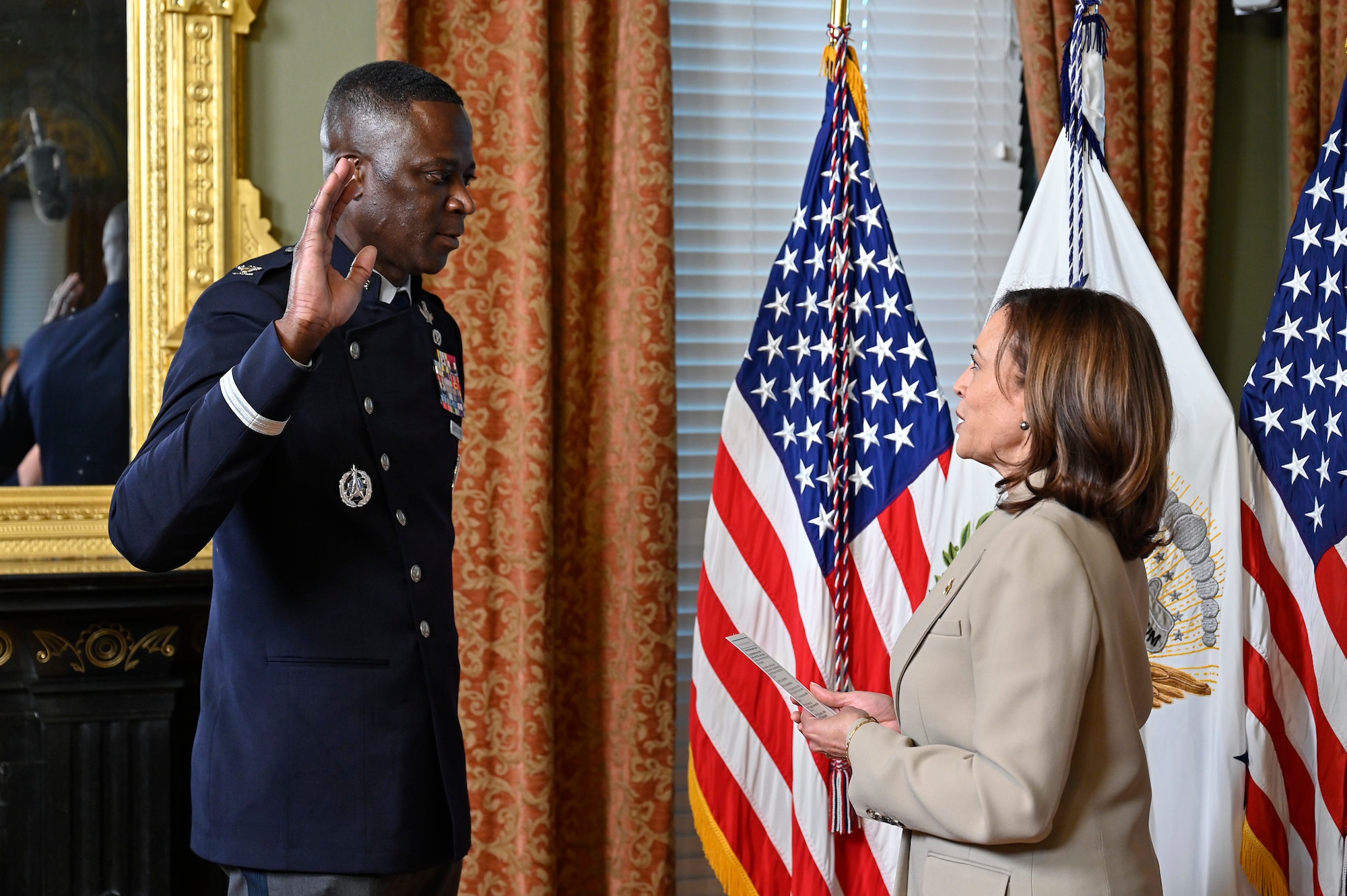 Space Force Col. Jacob Middleton recites his oath of office to Vice President Kamala Harris during his promotion to brigadier general at the Eisenhower Executive Office Building, Washington, D.C., April 4, 2023. Middleton is the director of national security space policy for the National Space Council. (U.S. Air Force photo by Eric Dietrich)