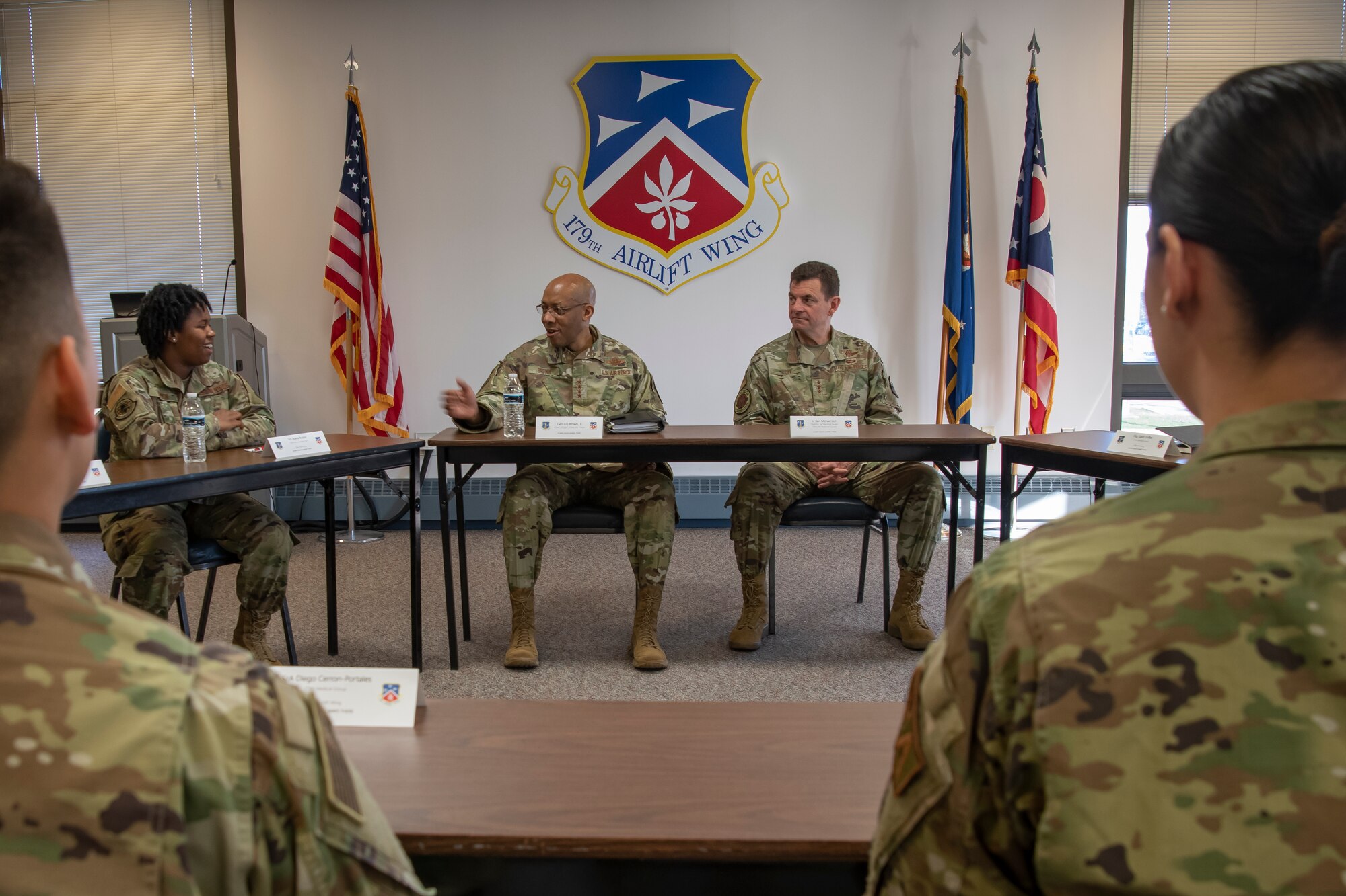 U.S. Air Force Chief of Staff Gen. CQ Brown, Jr., takes questions from Airmen during a visit to the 179th Airlift Wing at Mansfield Lahm Air National Guard Base, Ohio, Apr. 2, 2023.