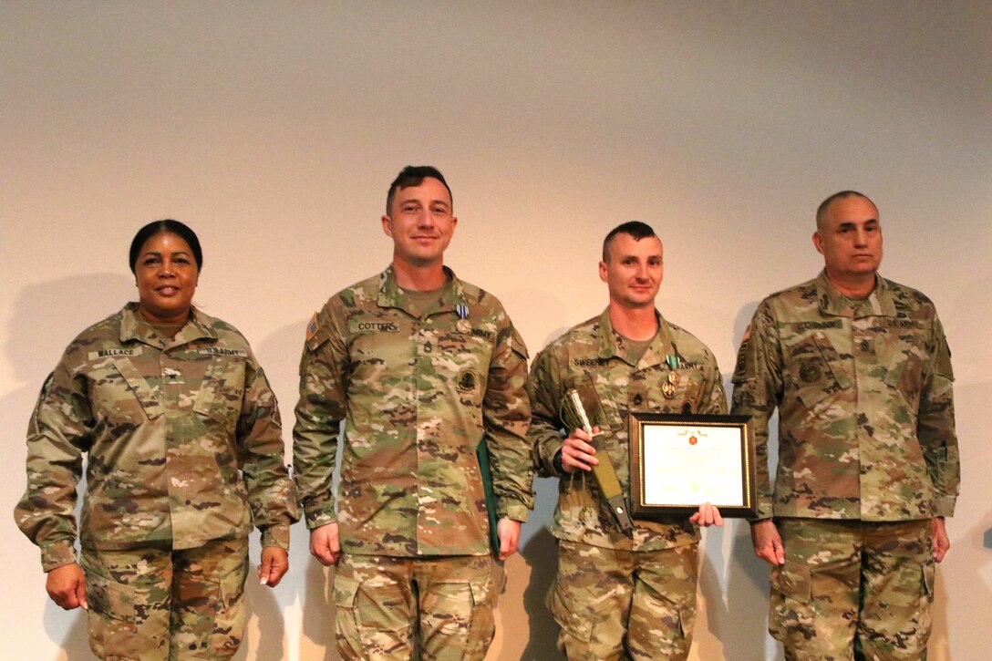 Brig. Gen. Patricia Wallace, and Command Sgt. Maj. Christopher Luchsinger presents Sgt. 1st Class Lee Sweeney with the Non-Commissioned Officer of the year award and Sgt. 1st Class Anthony B. Cotter with Non-Commissioned Officer of the year runner up award.
The 80th Training Command (The Army School System) hosted this year’s consortium of the Best Warrior Competition from March 23 to March 30, 2023