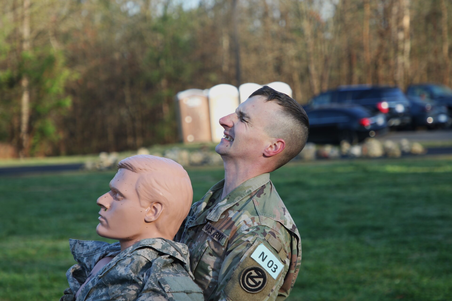 Sgt. 1st Class Lee Sweeney simulates carrying an injured Soldier to safety on the battlefield for the final event of the Best Warrior Competition’s obstacle course.
The 80th Training Command (The Army School System) hosted this year’s consortium of the Best Warrior Competition from March 23 to March 30, 2023