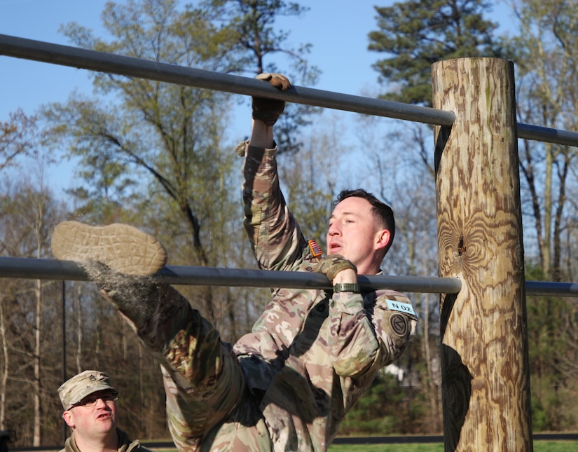 Sgt. 1st Class Anthony B. Cotter simulates climbing through a window during the Best Warrior Competition’s obstacle course.
The 80th Training Command (The Army School System) hosted this year’s consortium of the Best Warrior Competition from March 23 to March 30, 2023