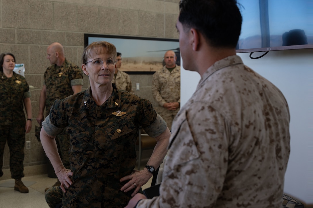 U.S. Navy Rear Adm. Pamela Miller, medical officer of the Marine Corps, visits the Marine Corps Air Ground Combat Center (MCAGCC) Adult Medical Care Clinic during an installation visit at MCAGCC, Twentynine Palms, California, March 13, 2023. Miller is responsible for working directly with Headquarters Marine Corps and the Commandant of the Marine Corps to ensure appropriate medical care is provided to service members and their families. (U.S. Marine Corps photo by Cpl. Makayla Elizalde)