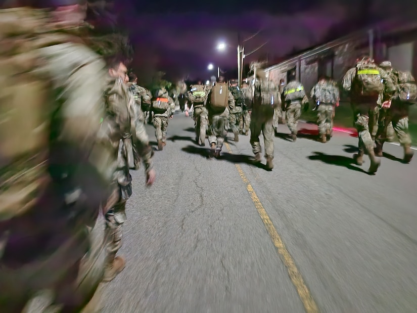 About 450 Soldiers, including two from U.S. Army Medical Logistics Command, took part in the Norwegian Foot March at Fort Belvoir, Virginia, April 2, 2023. The endurance test, inspired by the Norwegian Army and dating back to 1915, requires Soldiers to cover 18.6 miles with a 25-pound rucksack under a specified time based on age and gender. (U.S. Army photo courtesy Sgt. 1st Class Peung Kim)