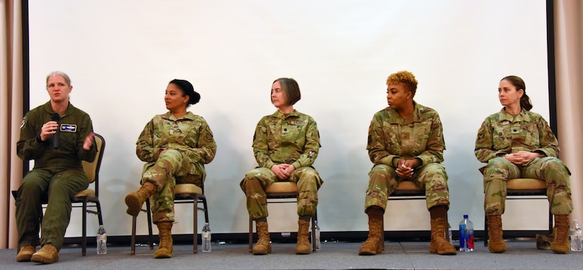 U.S. Air Force Col. Elizabeth Hanson, 305th Air Mobility Wing commander, U.S. Air Force Col. Bridget Gill, 87th Medical Group commander, U.S. Air Force Lt. Col. Dawn Opland, Army Support Activity Fort Dix commander, U.S. Air Force Chief Master Sgt. Andrea Cook, 305th Operations Group senior enlisted leader, and U.S. Air Force Lt. Col. Megan Hall, 87th Mission Support Group deputy commander, attended as Joint Base McGuire-Dix-Lakehurst leadership panelists as they speak to participants at the Women’s Empowerment forum on Joint Base McGuire-Dix-Lakehurst, N.J., Apr. 3, 2023. Joint Base McGuire-Dix-Lakehurst hosted the Women’s Empowerment forum on April 3rd, as a part of wrapping up Women’s History Month, observed in March. The Women’s Empowerment forum is an inclusive and collaborative space for military and civilian women and supporters to connect and engage with each other. (U.S. Air Force photo by Daniel Barney)
