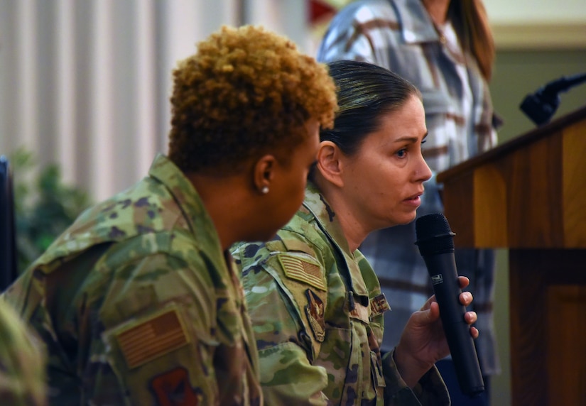 U.S. Air Force Lt. Col. Megan Hall, 87th Mission Support Group deputy commander, speaks to the crowd at the Women’s Empowerment forum on Joint Base McGuire-Dix-Lakehurst, N.J., Apr. 3, 2023. Joint Base McGuire-Dix-Lakehurst hosted the Women’s Empowerment forum on April 3rd, as a part of wrapping up Women’s History Month, observed in March. The Women’s Empowerment forum is an inclusive and collaborative space for military and civilian women and supporters to connect and engage with each other. (U.S. Air Force photo by Daniel Barney)