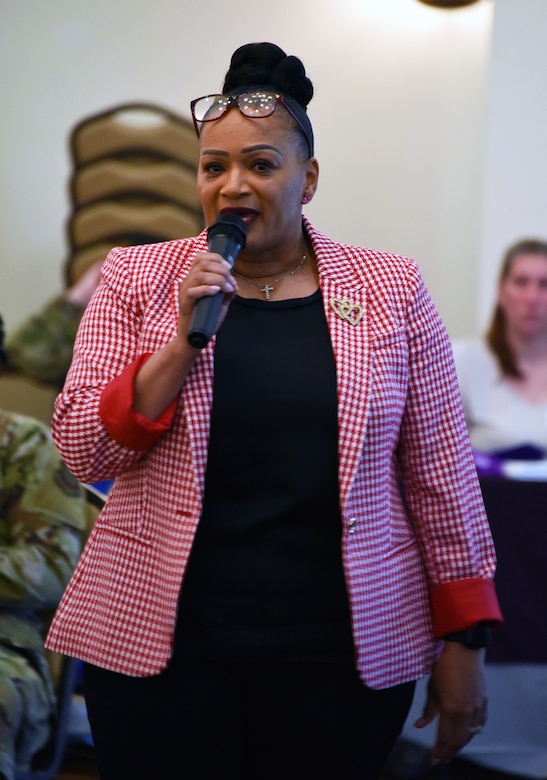 Soncere Woodford, Women’s Confidence Tour chief executive officer, speaks to the crowd at the Women’s Empowerment forum on Joint Base McGuire-Dix-Lakehurst, N.J., Apr. 3, 2023. Joint Base McGuire-Dix-Lakehurst hosted the Women’s Empowerment forum on April 3rd, as a part of wrapping up Women’s History Month, observed in March. The Women’s Empowerment forum is an inclusive and collaborative space for military and civilian women and supporters to connect and engage with each other. (U.S. Air Force photo by Daniel Barney)