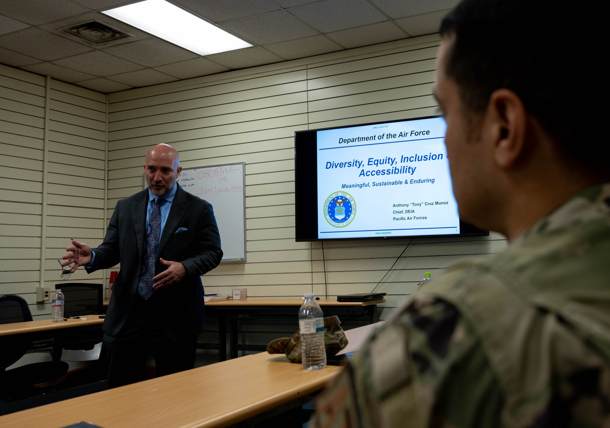 Mr. Anthony Cruz Unoz, Pacific Air Forces Chief Diversity & Inclusion Officer, speaks with Airmen about Diversity, Equality, Inclusion & Accessibility during a visit at Kunsan Air Base, Republic of Korea, April 5, 2023.