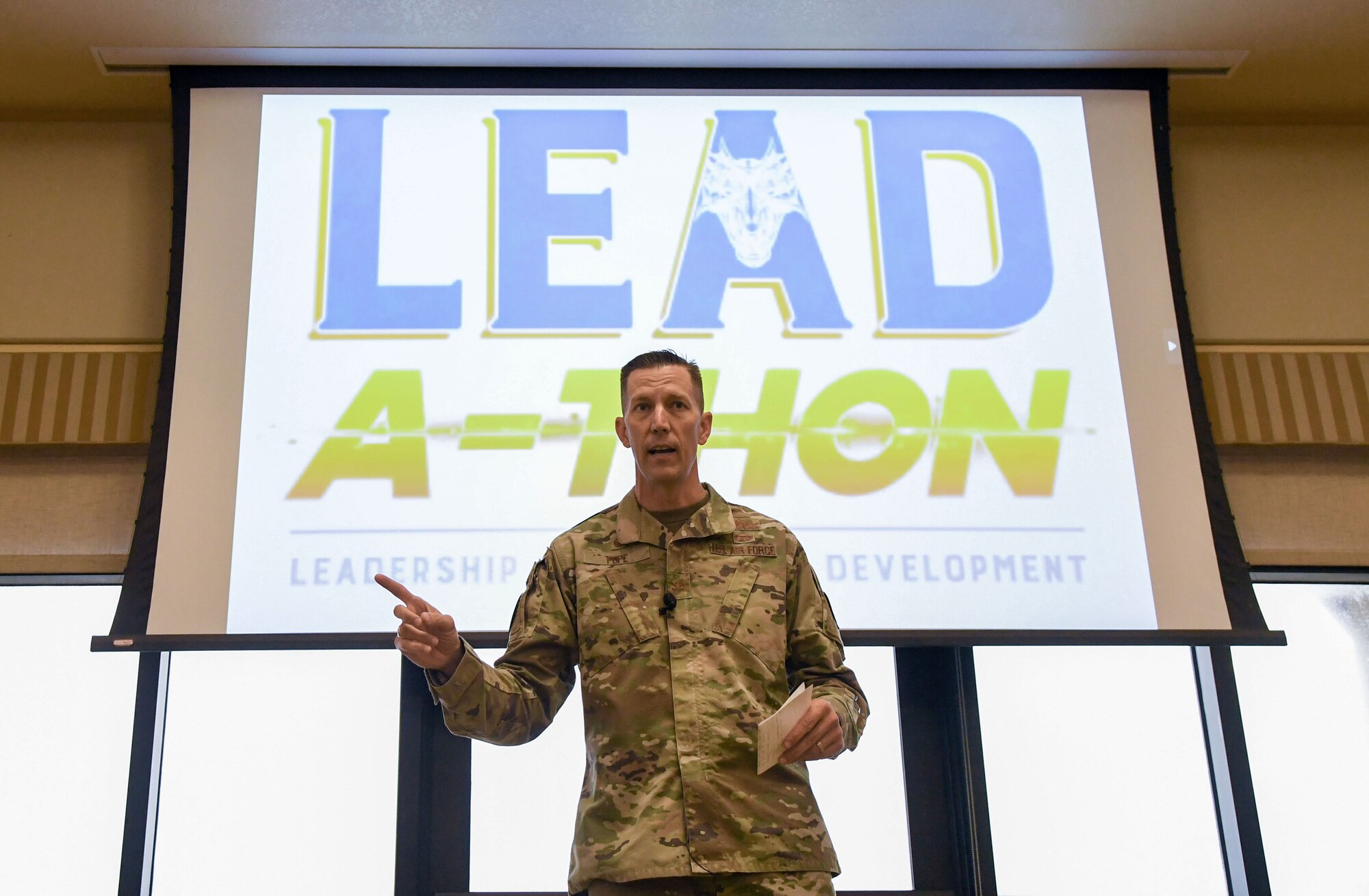 U.S. Air Force Col. Billy Pope, 81st Training Wing commander, delivers remarks during LEAD-a-thon inside the Bay Breeze Event Center at Keesler Air Force Base, Mississippi, April 4, 2023.