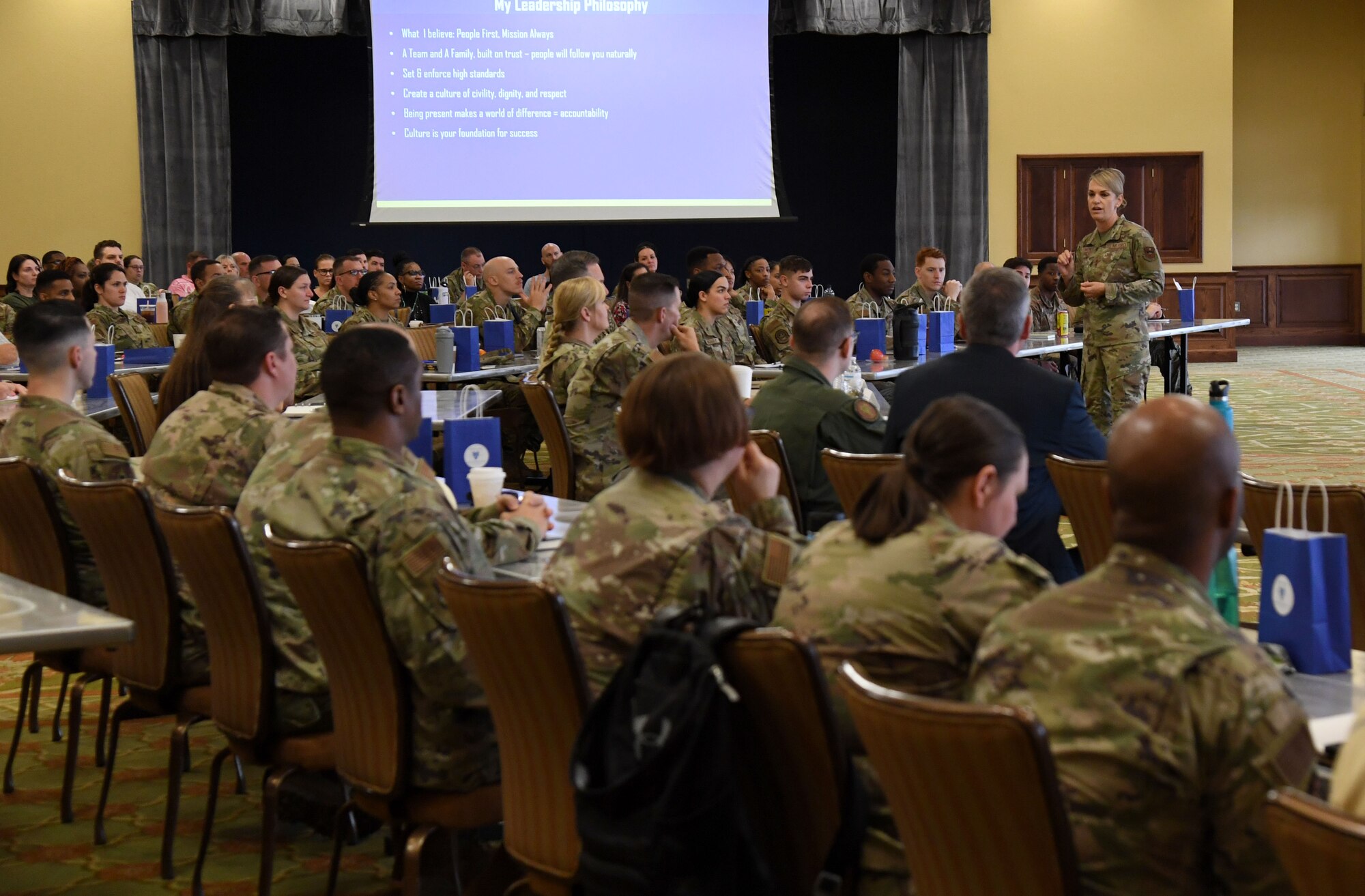 U.S. Air Force Maj. Gen. Michele Edmondson, Second Air Force commander, delivers remarks during LEAD-a-thon inside the Bay Breeze Event Center at Keesler Air Force Base, Mississippi, April 4, 2023.