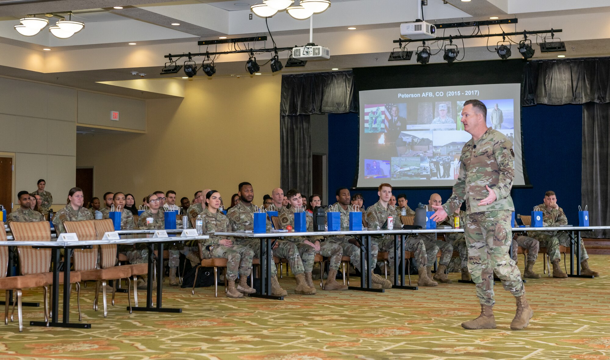 U.S. Air Force Col. Chad Gemeinhardt, 81st Mission Support Group commander, leads a discussion panel during LEAD-a-thon at the Bay Breeze Event Center on Keesler Air Force Base, Mississippi, April 4, 2023.