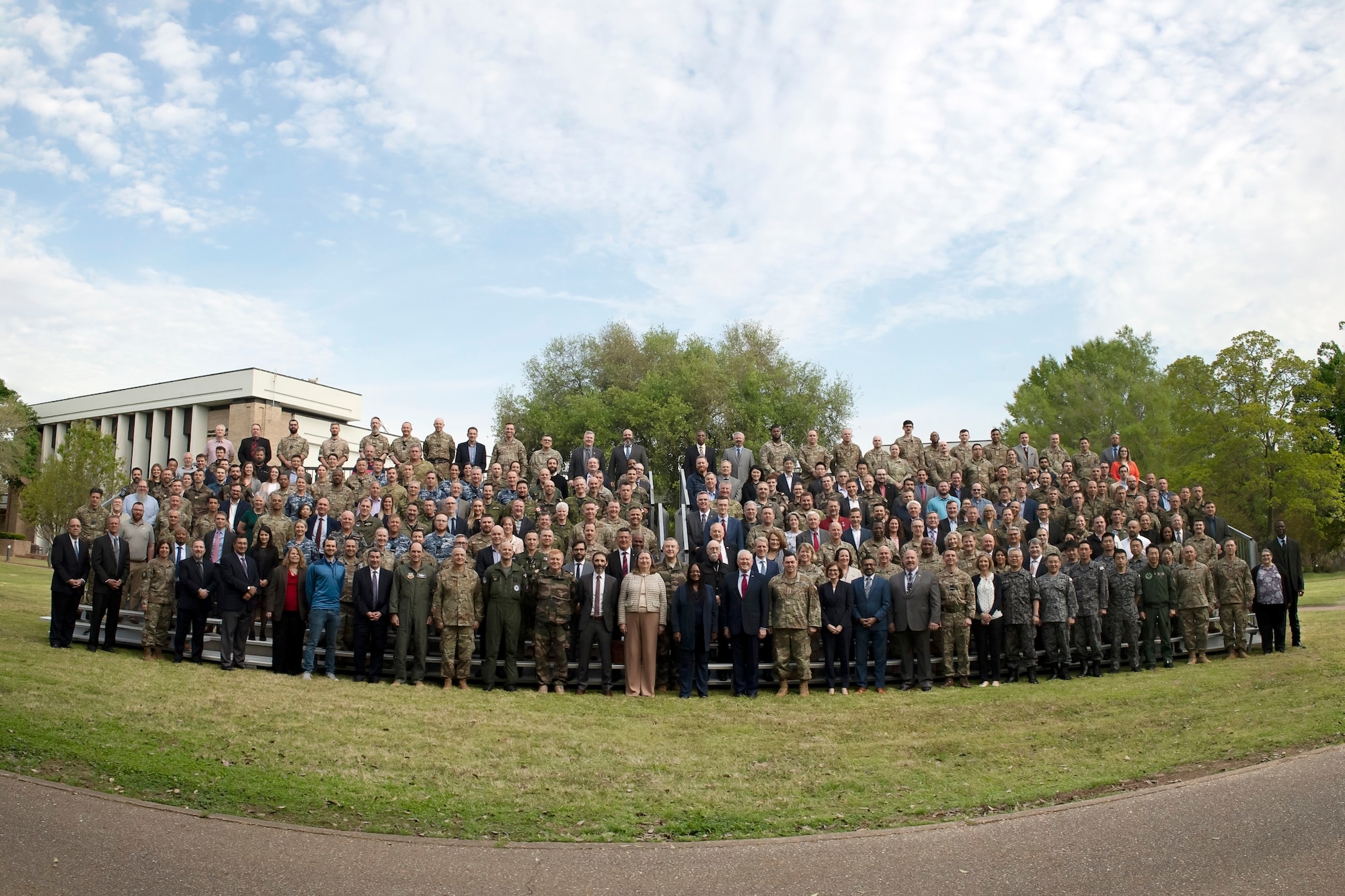 Senior leaders and Schriever Wargame 2023 participants pose for a group photo following the conclusion of the wargame at Maxwell Air Force Base, Alabama, March 31, 2023. Approximately 350 military, civilian, and commercial experts, from more than 25 commands and agencies throughout the U.S. Government, as well as international partners from Australia, Canada, France, Germany, Japan, New Zealand, the United Kingdom, and 14 commercial service providers participated in the wargame. (U.S. Space Force photo by Judi Tomich)
