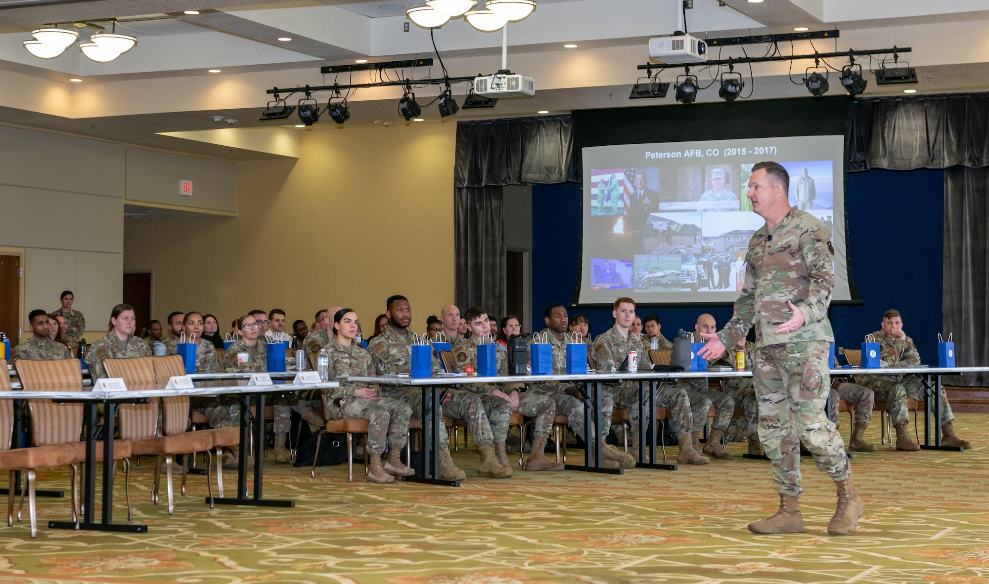 U.S. Air Force Col. Chad Gemeinhardt, 81st Mission Support Group commander, leads a discussion panel during LEAD-a-thon at the Bay Breeze Event Center on Keesler Air Force Base, Mississippi, April 4, 2023.