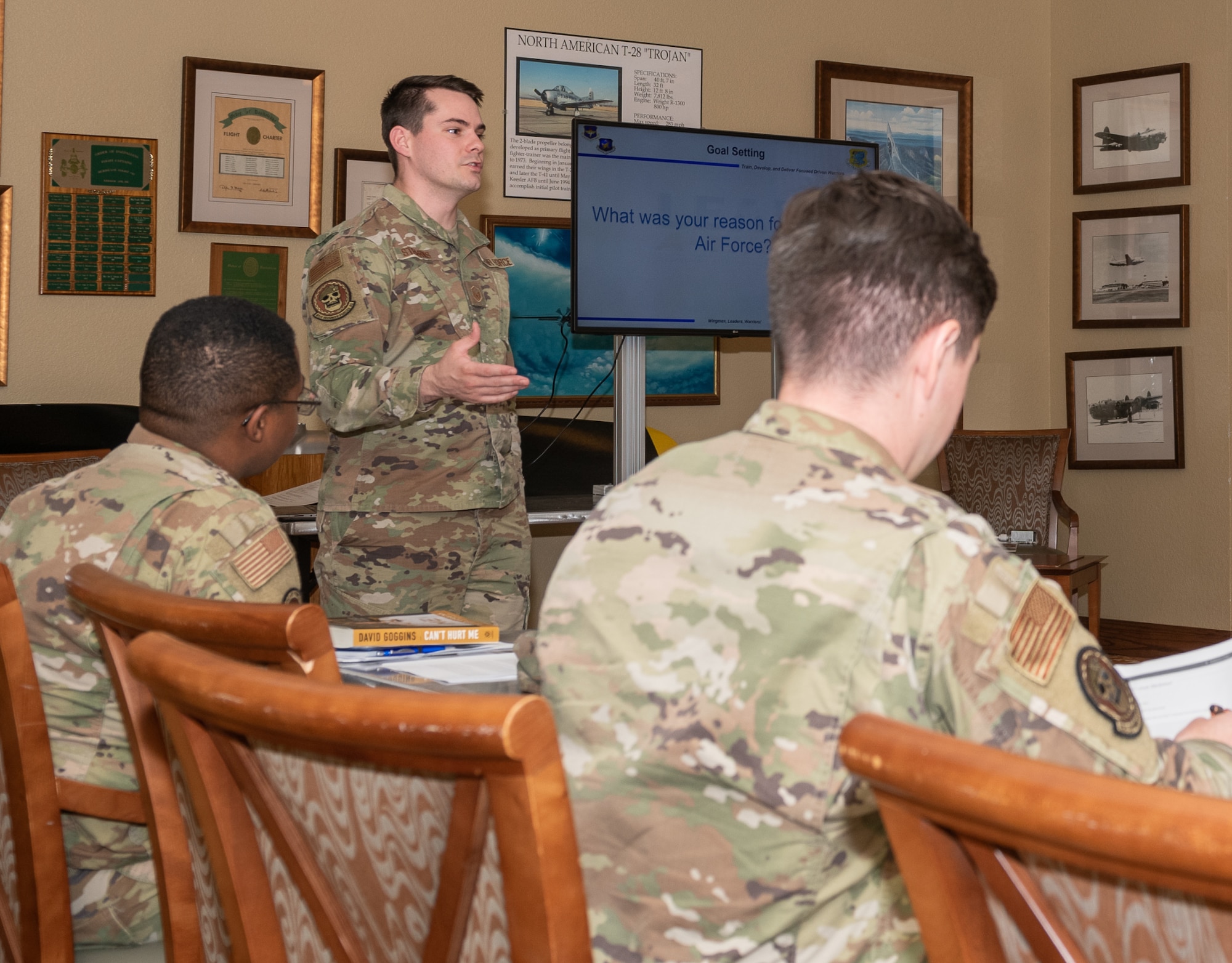U.S. Air Force Master Sgt. Cully Stearns, 81st Security Forces Squadron operations NCO in charge, leads a discussion on goal setting during LEAD-a-thon at the Bay Breeze Event Center on Keesler Air Force Base, Mississippi, April 4, 2023.