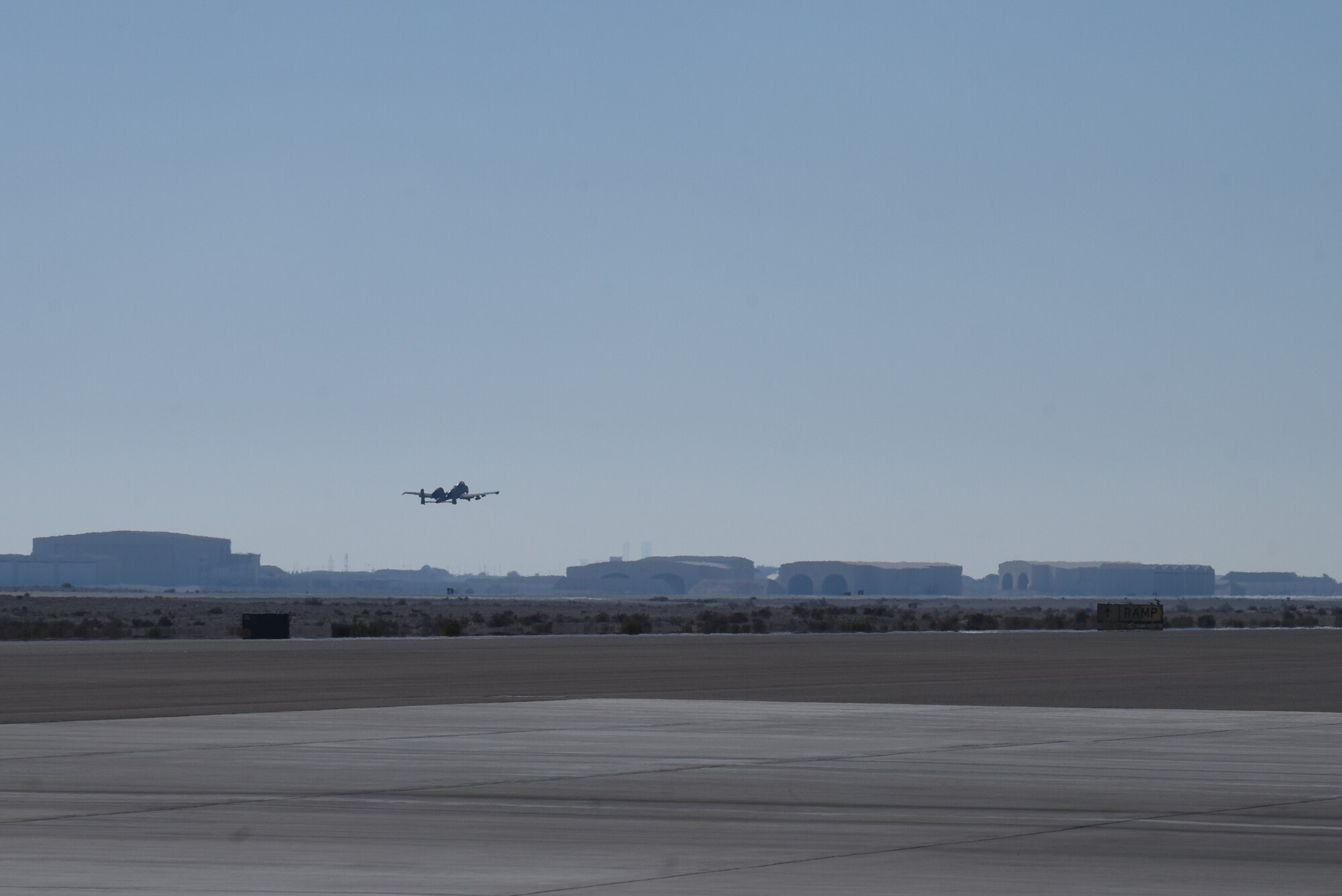 The first U.S. Air Force A-10 Thunderbolt II takes off on the first A-10 sortie at Al Dhafra Air Base, United Arab Emirates, April 6, 2023. Since its creation in 1975, the A-10 has provided air support to ground troops, destroying adversary forces and infrastructure as the first aircraft designed specifically for close air support. (U.S. Air Force photo by Tech. Sgt. Chris Jacobs/released)