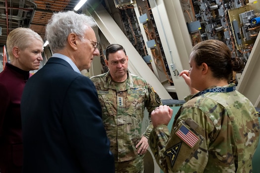  Chief of Space Operations U.S. Space Force Gen. Chance Saltzman, U.S. Ambassador to the Kingdom of Denmark Alan Leventhal and Assistant Secretary of Defense for International Security Affairs Celeste Wallander, participate in a tour given by Lt. Col. April Foley, 12th Space Warning Squadron commander, during their visit to Pituffik Space Base, Greenland, April 6, 2023. The 12th SWS is part of the Integrated Tactical Warning and Attack Assessment network, which provides early warning of ballistic missile launches to National Command Authorities via the Missile Warning Center and North American Aerospace Defense Command. (U.S. Space Force photo by Senior Airman Kaitlin Castillo)