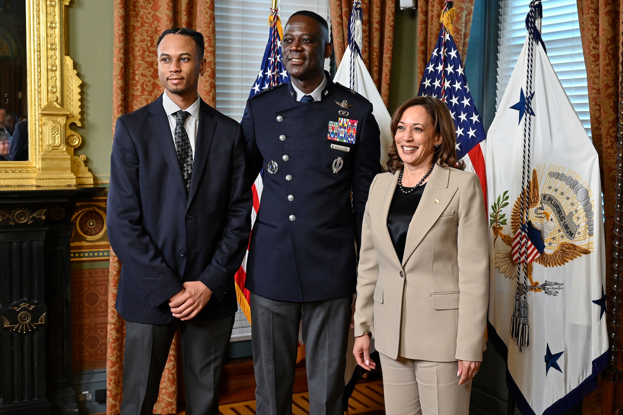 Space Force Brig. Gen. Jacob Middleton poses with Vice President Kamala Harris during his promotion at the Eisenhower Executive Office Building, Washington, D.C., April 4, 2023. Middleton is the director of national security space policy for the National Space Council. (U.S. Air Force photo by Eric Dietrich)