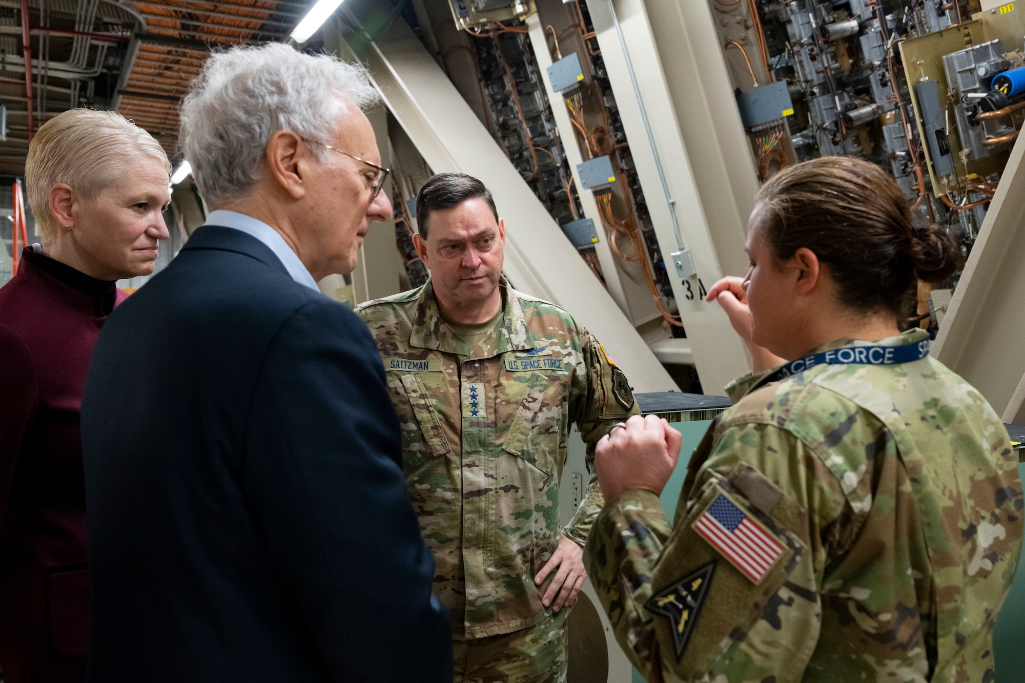 Chief of Space Operations U.S. Space Force Gen. Chance Saltzman, U.S. Ambassador to the Kingdom of Denmark Alan Leventhal and Assistant Secretary of Defense for International Security Affairs Celeste Wallander, participate in a tour given by Lt. Col. April Foley, 12th Space Warning Squadron commander, during their visit to Pituffik Space Base, Greenland, April 6, 2023. The 12th SWS is part of the Integrated Tactical Warning and Attack Assessment network, which provides early warning of ballistic missile launches to National Command Authorities via the Missile Warning Center and North American Aerospace Defense Command. (U.S. Space Force photo by Senior Airman Kaitlin Castillo)