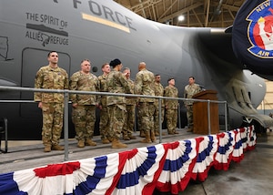 U.S. Air Force Chief of Staff Gen. CQ Brown Jr. presents the aircrew led by U.S. Air Force Capt. Robert Dana with the Air Medal during an award ceremony at Stewart Air National Guard Base, New York, April 1, 2023. Seventeen Airmen from the 105th were awarded the Air Medal for their actions during the August 2021 evacuation of Americans and Afghans from Afghanistan.