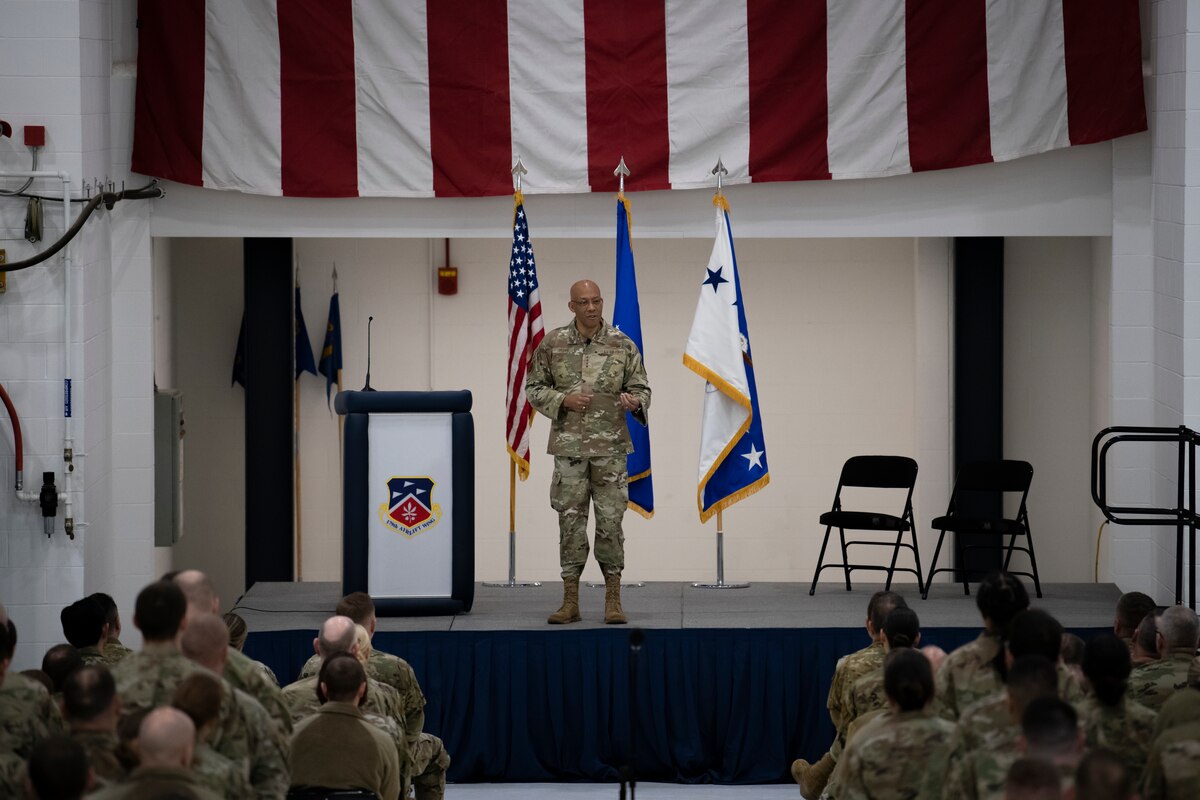 U.S. Air Force Chief of Staff Gen. CQ Brown, Jr., takes questions from Airmen during a visit to the 179th Airlift Wing at Mansfield Lahm Air National Guard Base, Ohio, Apr. 2, 2023.