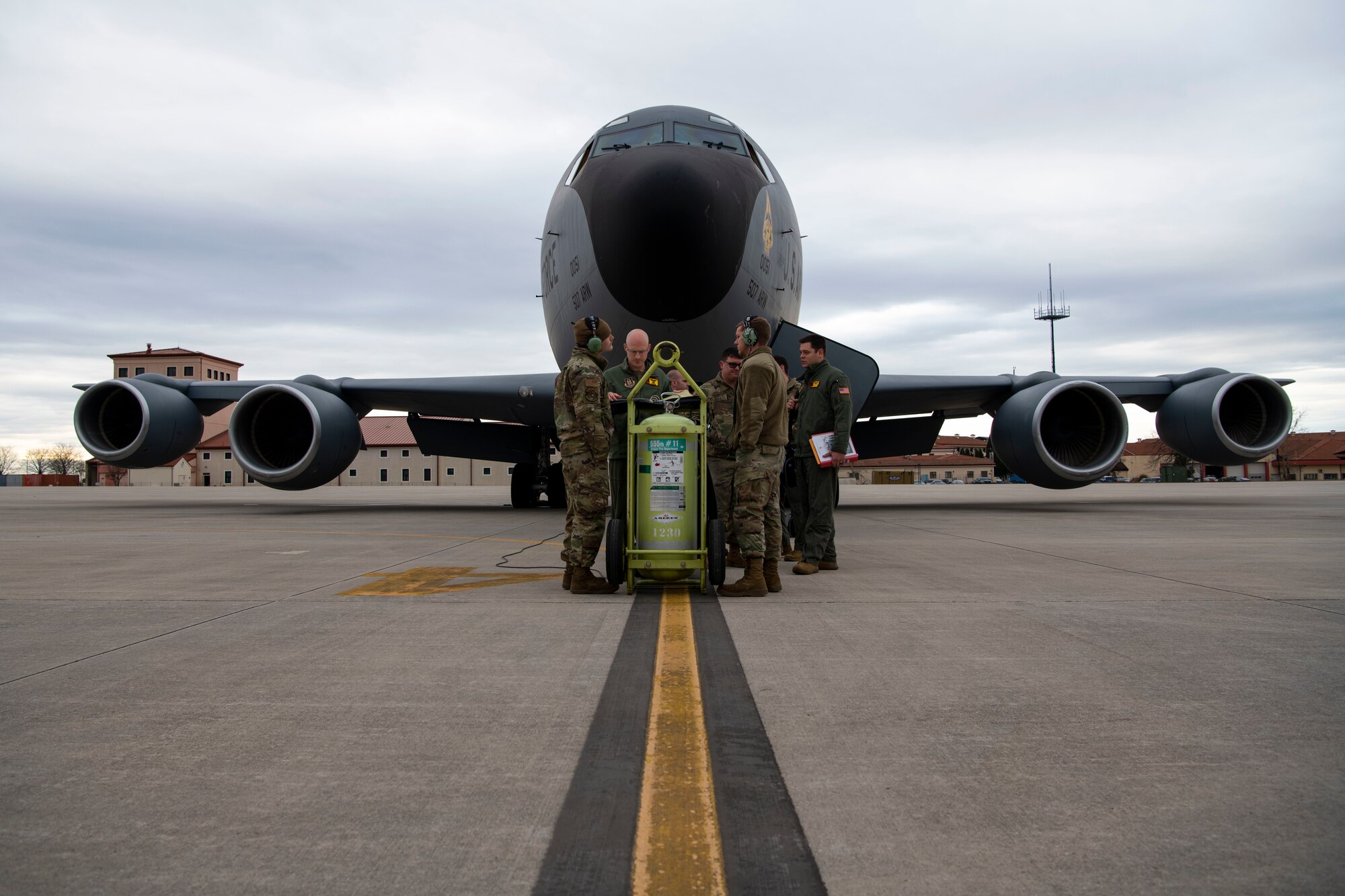 U.S. Air Force Airmen from the 465th Air Refueling Squadron conduct preflight checks during a total force training event