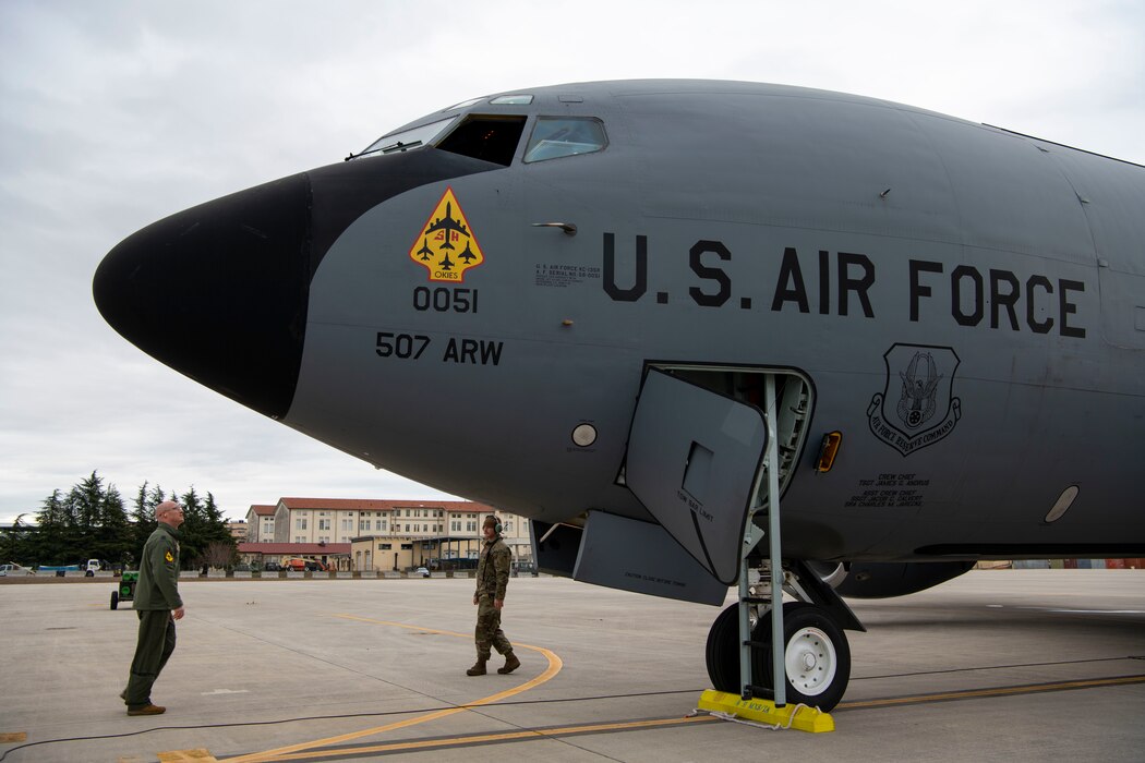 U.S. Air Force Reserve Airmen from the 465th Air Refueling Squadron  conduct preflight checks on a KC-135 Stratotanker during a total force training event