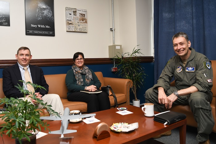 Dr. Glendon Diehl, and Ilka Regino, professional staff members for the House of Representatives, House Armed Services Committee, pose for a photo with U.S. Air Force Col. Andrew Roddan, 374th Airlift Wing commander, at Yokota Air Base, Japan, April 3, 2023. Diehl and Regino toured the 374th Medical Group and hosted quality of life focus groups with residents to gather information on matters affecting Yokota personnel. (U.S. Air Force photo by Staff Sgt. Spencer Tobler)