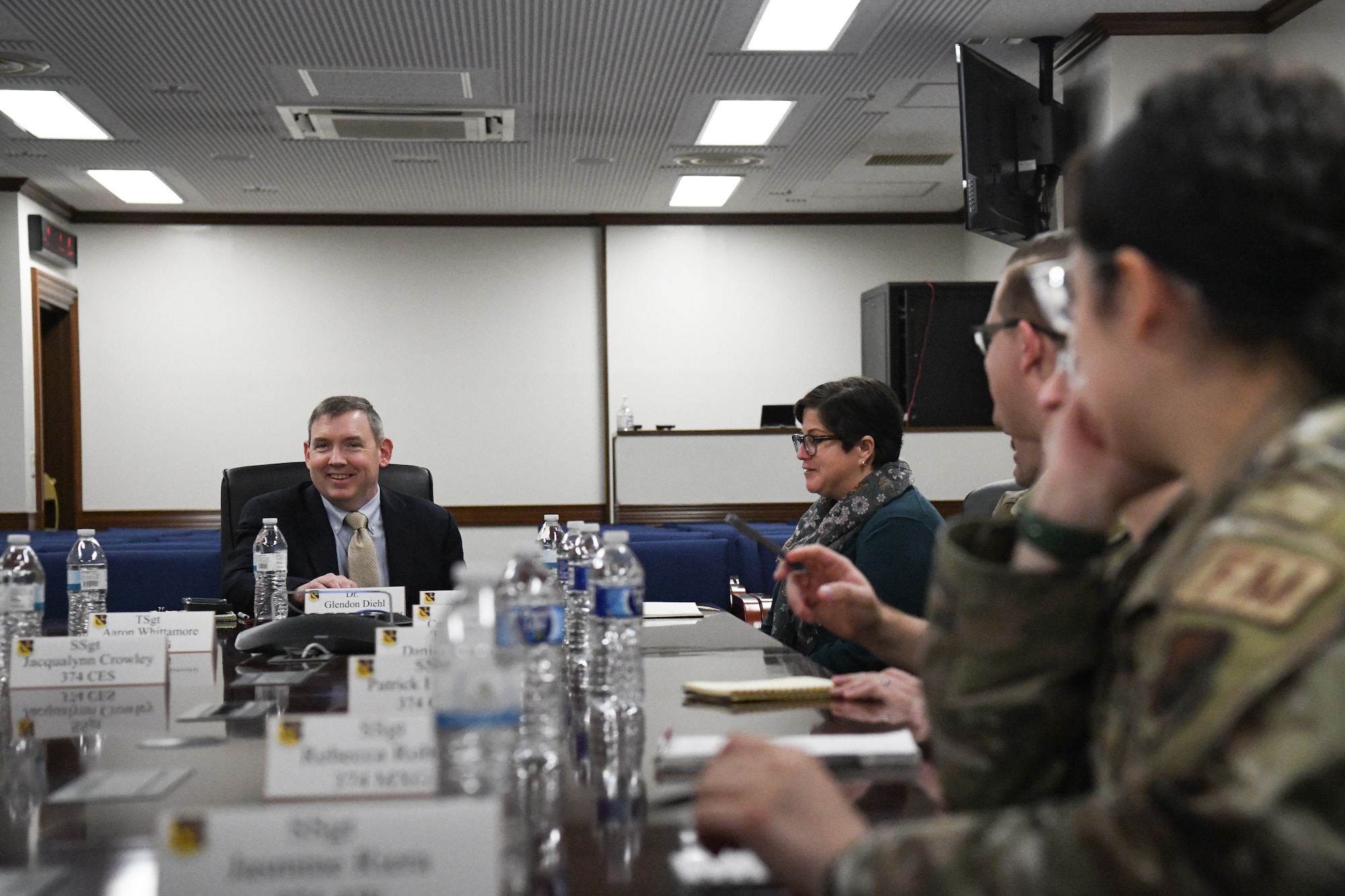 Dr. Glendon Diehl and Ilka Regino, professional staff members for the House of Representatives, House Armed Services Committee, host a quality of life working group for junior enlisted Airmen at Yokota Air Base, Japan, April 3, 2023. Diehl and Regino hosted two focus groups to gather information on matters affecting Yokota personnel. They also met with wing leadership and toured the 374th Medical Group. (U.S. Air Force photo by Staff Sgt. Spencer Tobler)