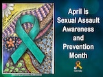 Graphic with artwork including a teal ribbon and text stating April is Sexual Assault Awareness and Prevention Month.