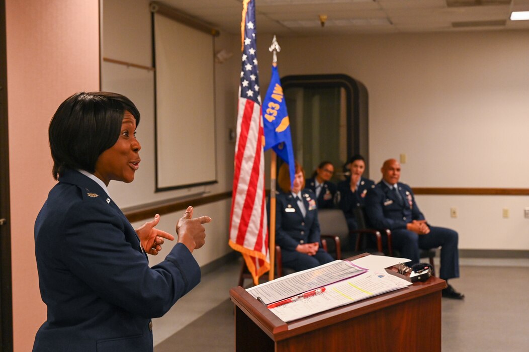 Lt. Col. TeAnglia Moore, 26th Aerial Port Squadron commander, gives remarks during a change of command ceremony at Joint Base San Antonio-Lackand, Texas, April 1, 2023.
