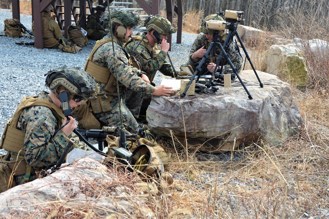 U.S. Marines with the 2nd Air-Naval Gunfire Liaison Company (ANGLICO) from Marine Corps Base Camp Lejeune, North Carolina, conduct close air support training at Fort Indiantown Gap's Bollen Air-To-Ground Range on April 5, 2023. (Pennsylvania National Guard photo by Brad Rhen)