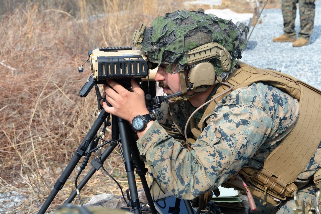 U.S. Marines with the 2nd Air-Naval Gunfire Liaison Company (ANGLICO) from Marine Corps Base Camp Lejeune, North Carolina, conduct close air support training at Fort Indiantown Gap's Bollen Air-To-Ground Range on April 5, 2023. (Pennsylvania National Guard photo by Brad Rhen)