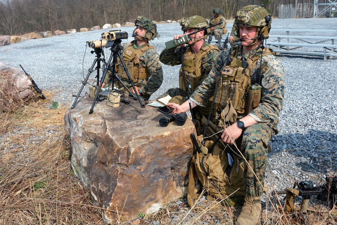 U.S. Marines with the 2nd Air-Naval Gunfire Liaison Company (ANGLICO) from Marine Corps Base Camp Lejeune, North Carolina, conduct close air support training at Fort Indiantown Gap's Bollen Air-To-Ground Range on April 5, 2023. (Pennsylvania National Guard photo by Brad Rhen)