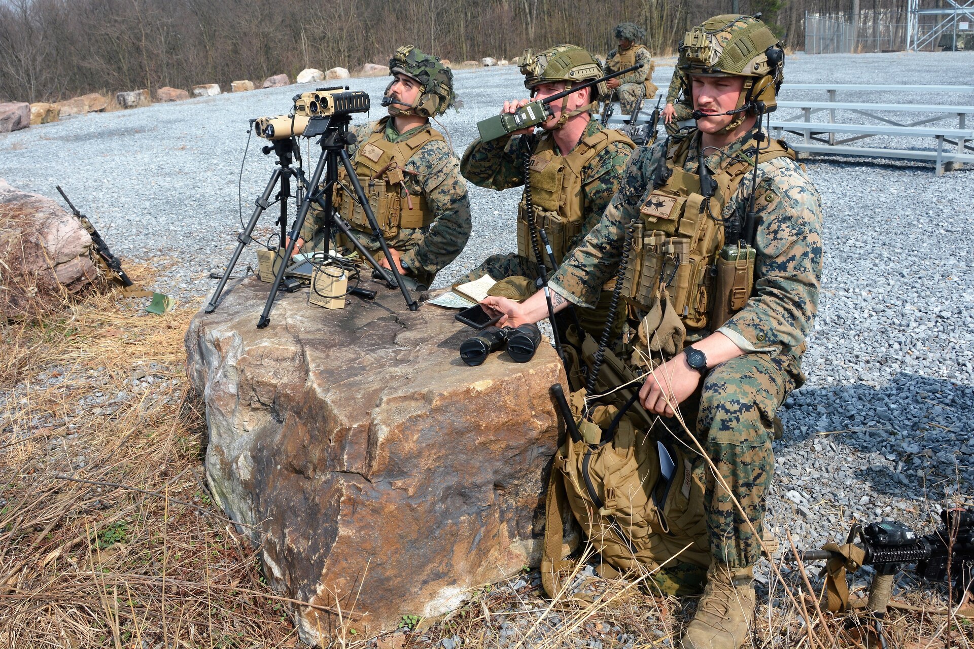 U.S. Marines with the 2nd Air-Naval Gunfire Liaison Company (ANGLICO) from Marine Corps Base Camp Lejeune, North Carolina, conduct close air support training at Fort Indiantown Gap's Bollen Air-To-Ground Range on April 5, 2023. (Pennsylvania National Guard photo by Brad Rhen)