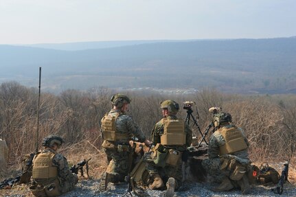 U.S. Marines with the 2nd Air-Naval Gunfire Liaison Company (ANGLICO) from Marine Corps Base Camp Lejeune, North Carolina, conduct close air support training at Fort Indiantown Gap's Bollen Air-To-Ground Range on April 5, 2023. (Pennsylvania National Guard photo by Brad Rhen)