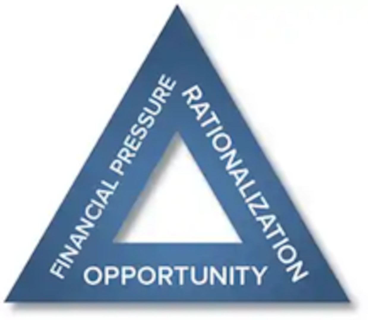Blue triangle with the words Financial pressure, Rationalization, Opportunity