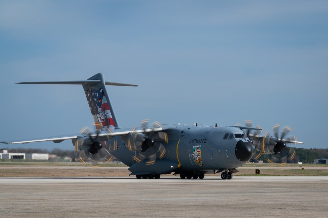 A German air force Airbus A400M-180 transporting German media and German air force senior leaders taxis on the flight line at Joint Base Andrews, Maryland, April 3, 2023, ahead of media events highlighting Air Defender 2023.