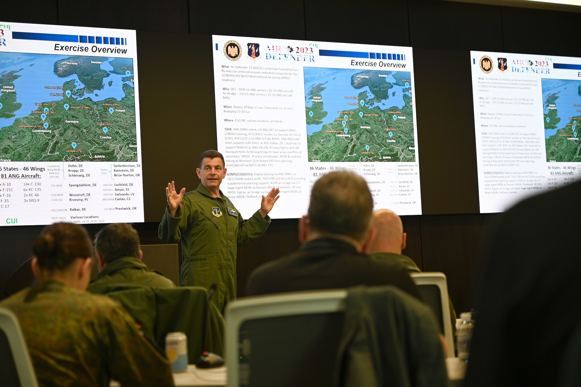 U.S. Air Force Lt. Gen. Michael Loh, director, Air National Guard briefs U.S. and German Airmen and media during Air Defender 2023 Media Day, Joint Base Andrews, MD, April 4, 2023.